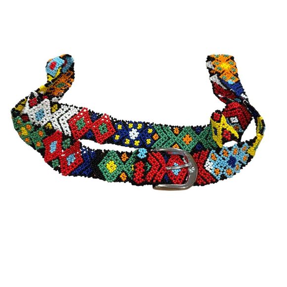 Beaded Belt Multicolored Glass Beads Geometric Pattern 38” Circumference - Picture 1 of 4